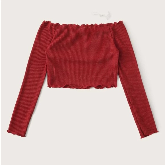 Rib Knit Lettuce Edge Long Sleeve Crop Top Red - Picture 3 of 5